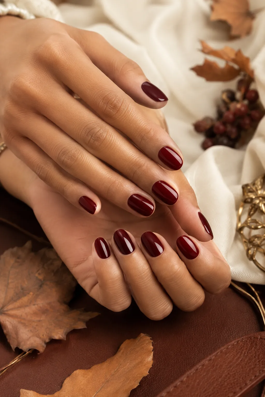 Elegant deep burgundy fall manicure on realistic hands featuring medium-length almond-shaped nails coated in a rich wine-burgundy polish with a smooth high-gloss finish, naturally arranged in a graceful overlapping pose against a warm cream and autumn-inspired beauty editorial setting, showing realistic skin texture, natural cuticles, detailed nail beds, glossy polish reflections, and sophisticated seasonal styling for easy DIY fall nail designs, burgundy nails, autumn manicure ideas, and chic fall nail inspiration.