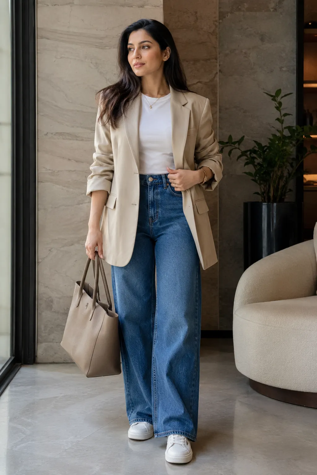 Stylish Pakistani woman wearing an oversized beige blazer, white T-shirt, wide-leg blue jeans, white sneakers, and a structured tote bag for a comfortable and chic airport outfit.