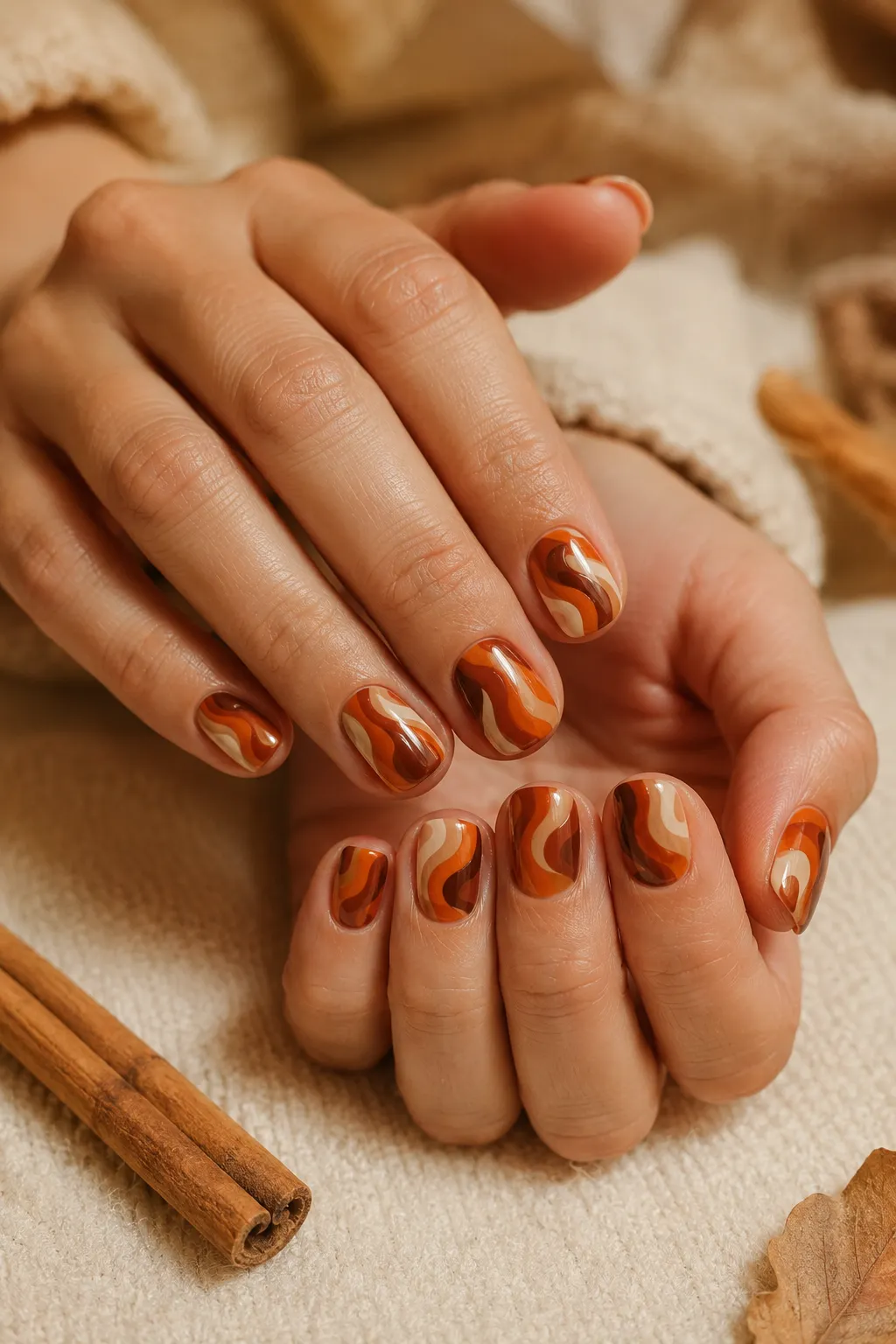 Short nails featuring organic burnt orange, cinnamon brown, and cream swirl nail art with a glossy pumpkin spice fall manicure finish.