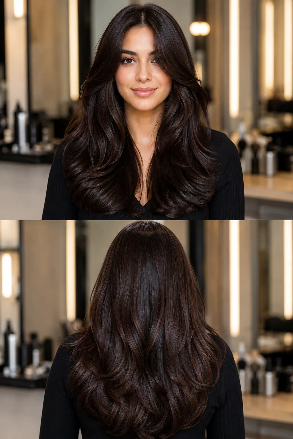 Velvet Espresso brunette hair color with glossy deep brown dimension shown in front and back views