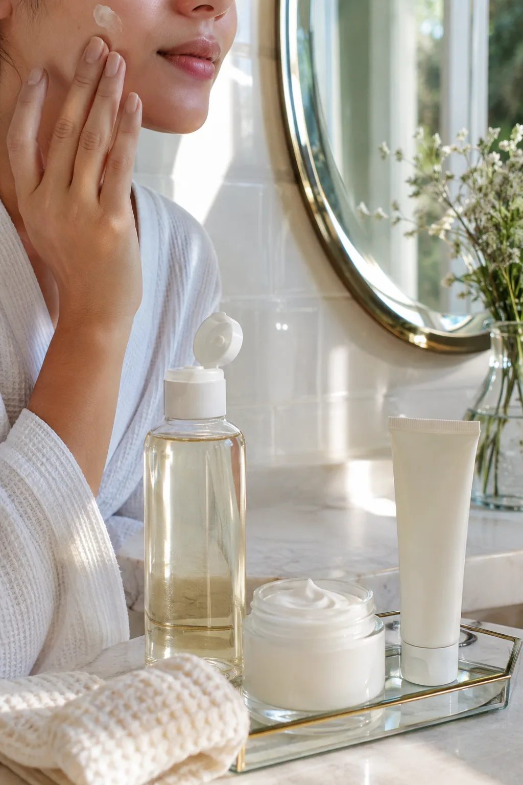 Real-life morning skincare routine with cleanser, moisturizer, and sunscreen on a bathroom vanity