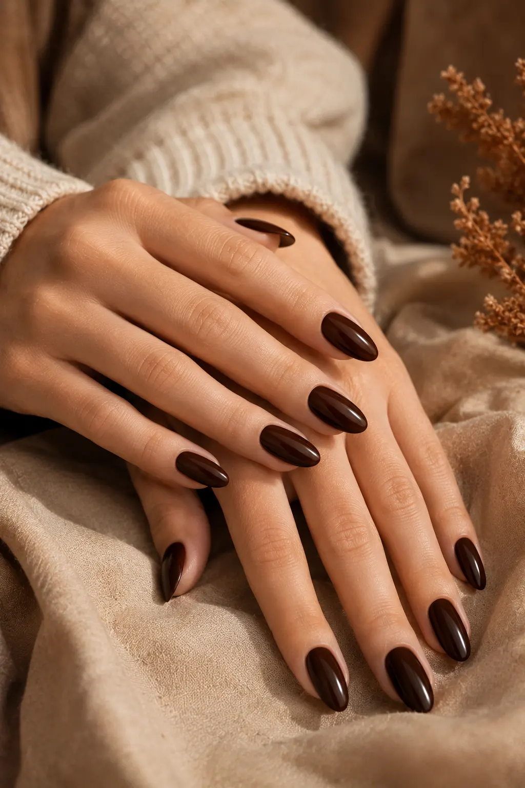 Rich dark chocolate brown fall manicure featuring realistic hands with medium-length almond-shaped nails covered in deep cocoa-brown glossy polish, arranged in an elegant layered hand pose with one hand resting lightly across the other, showing intense realistic shine, smooth salon-quality application, natural skin texture, authentic cuticles, detailed nail beds, believable finger proportions, warm cream and brown autumn styling, and luxury beauty editorial photography for chocolate brown nails, glossy fall nail designs, autumn manicure ideas, and chic DIY nail inspiration.
