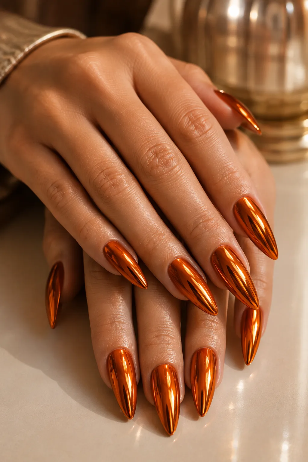 Long almond nails finished in highly reflective metallic pumpkin orange chrome with realistic mirror-like highlights.
