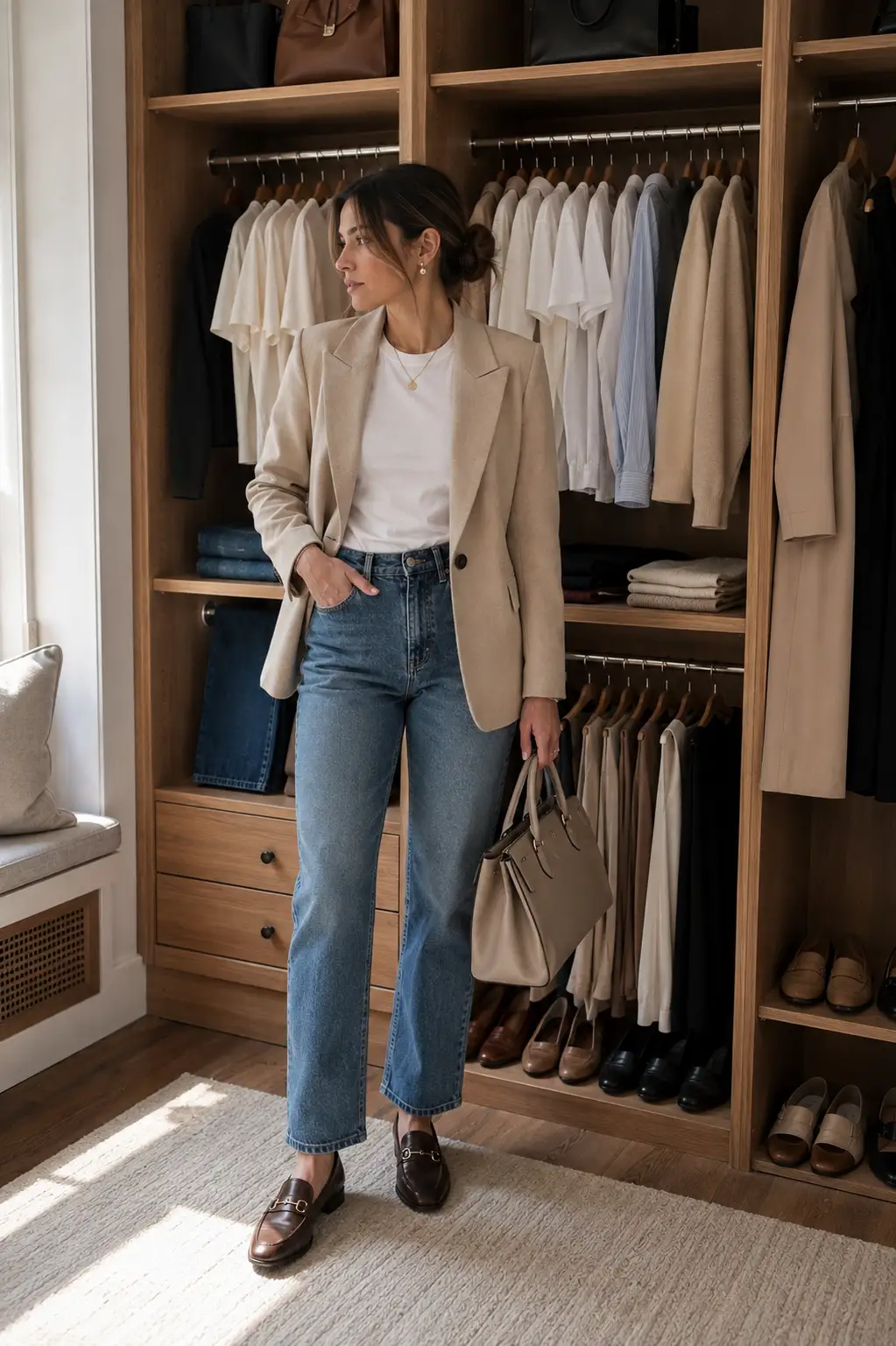Stylish woman standing naturally inside a realistic organized wardrobe area wearing a simple capsule outfit of a white fitted T-shirt, straight-leg jeans, beige blazer, polished loafers, and structured neutral handbag, surrounded by versatile wardrobe essentials including neutral tops, button-down shirts, tailored trousers, sweaters, jeans, dresses, shoes, and handbags, demonstrating how a small collection of reliable basics can create countless polished everyday outfits.