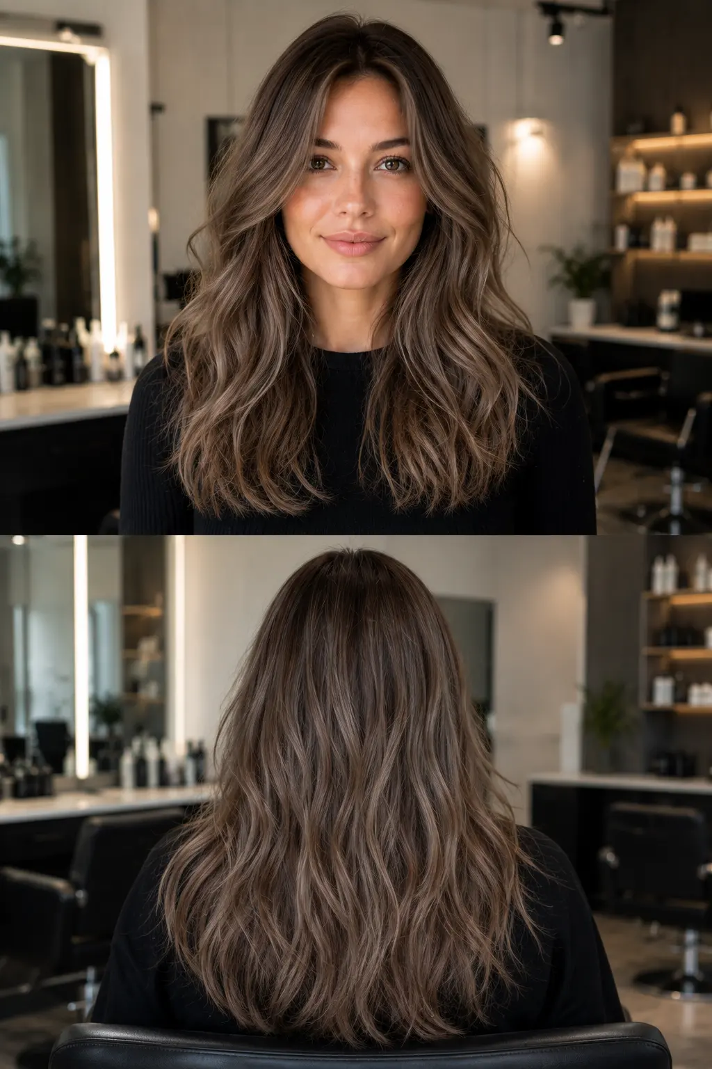 Mushroom Brown hair color with cool ash brown, beige, taupe, and subtle silver tones shown in front and back views
