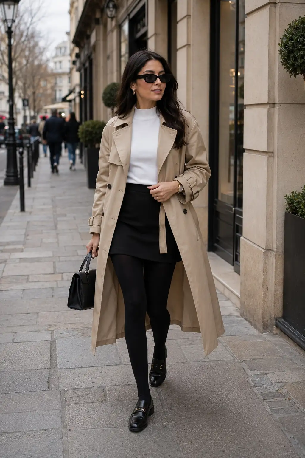 Black tailored mini skirt layered over opaque leggings with a fitted white top, beige trench coat, black loafers, handbag, and sunglasses for a chic city outfit.