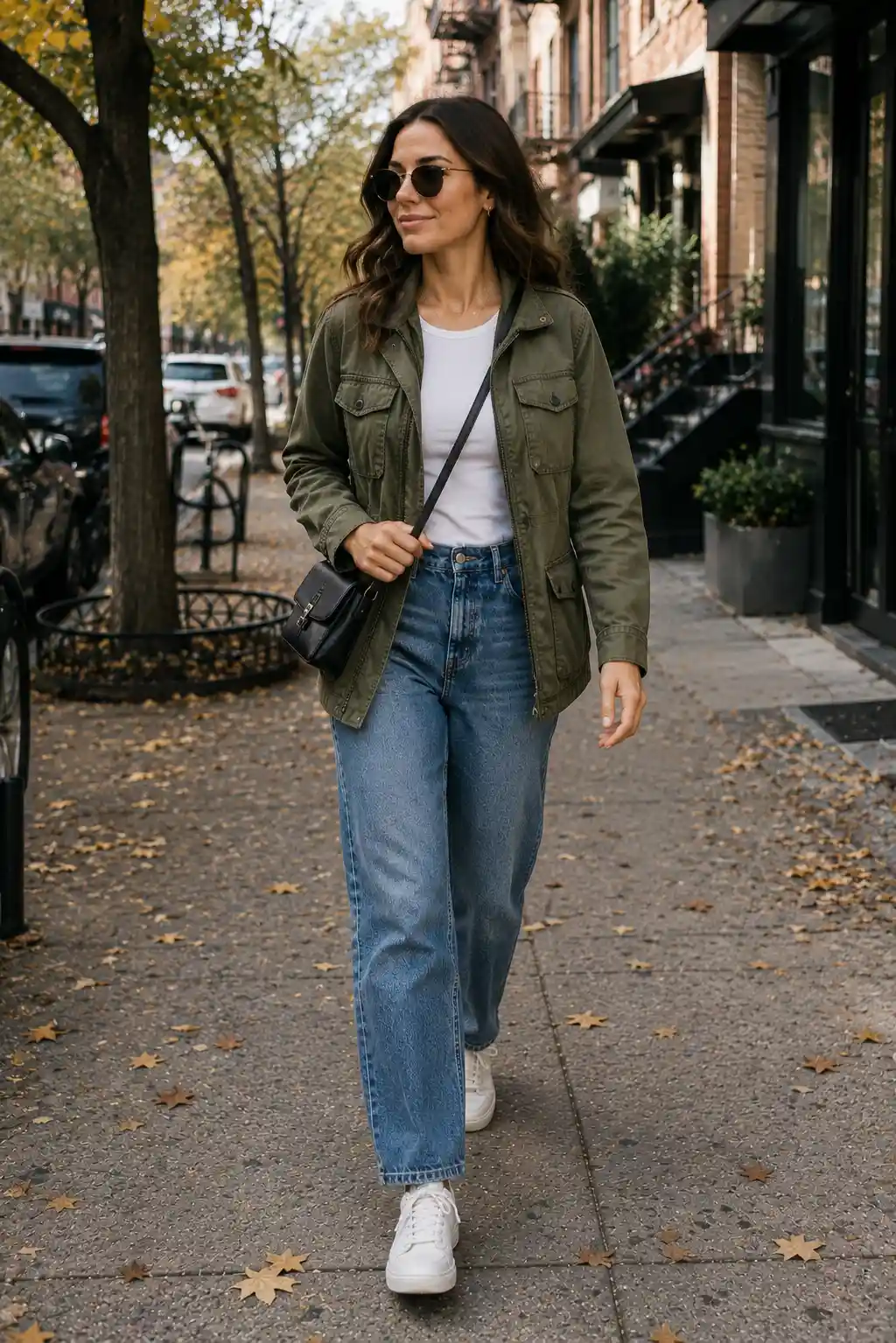 Effortless casual fall outfit featuring a woman wearing an olive green utility jacket layered over a classic white fitted T-shirt, high-waisted blue straight-leg jeans, white leather sneakers, black sunglasses, and a compact black crossbody handbag. The timeless everyday fall street style is photographed on a tree-lined urban sidewalk with brownstone buildings, bicycles, parked cars, autumn leaves, and soft seasonal daylight.