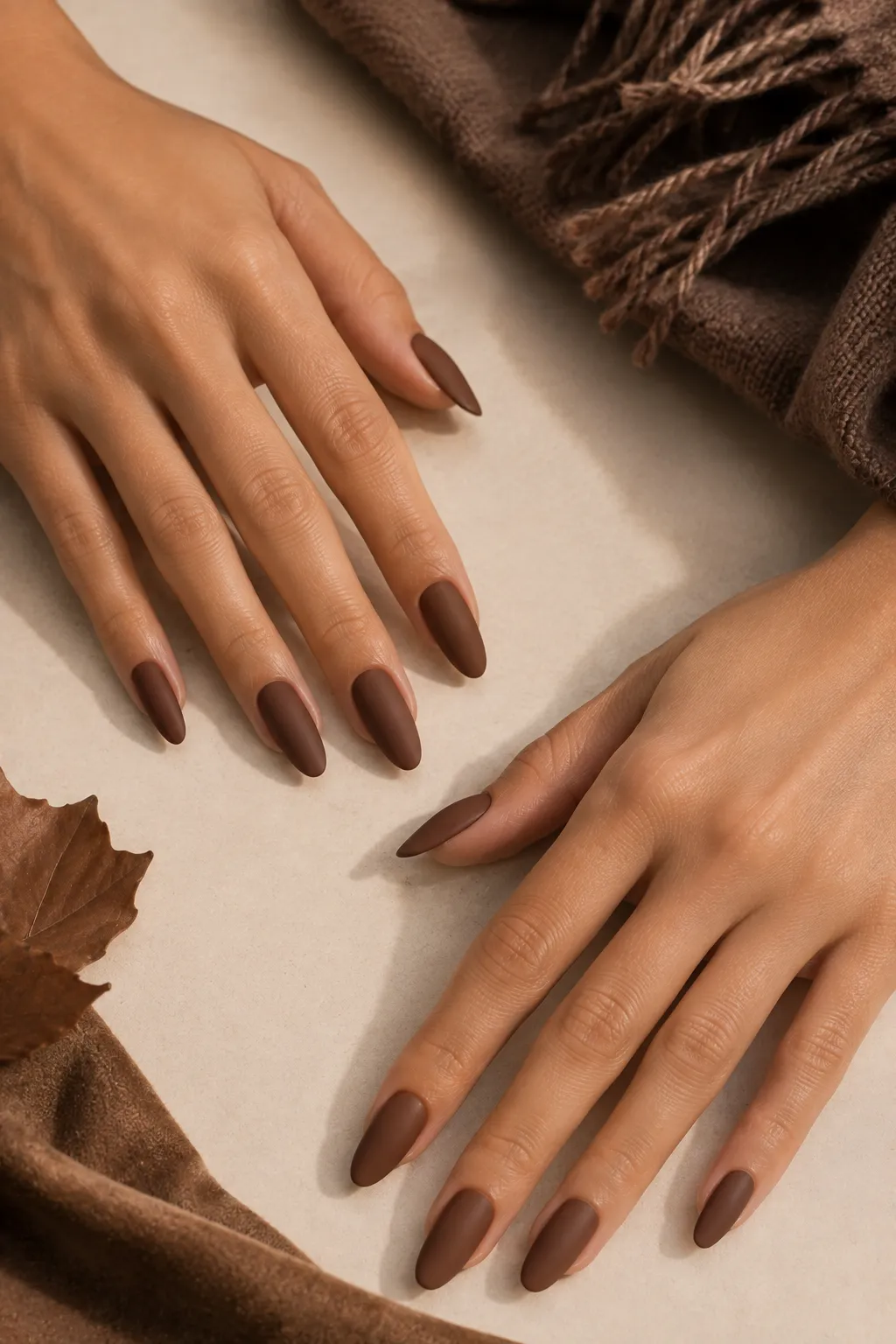 Sophisticated matte mocha fall manicure featuring realistic hands with medium-to-long almond-shaped nails coated in a warm mocha brown polish with a smooth velvety matte finish, positioned diagonally in an elegant editorial pose with naturally separated fingers, realistic skin pores, natural cuticles, authentic nail beds, subtle matte nail texture, soft cream and mocha surroundings, warm diffused lighting, and premium beauty magazine styling for matte mocha nails, cozy fall nail designs, autumn manicure ideas, and chic DIY nail inspiration.