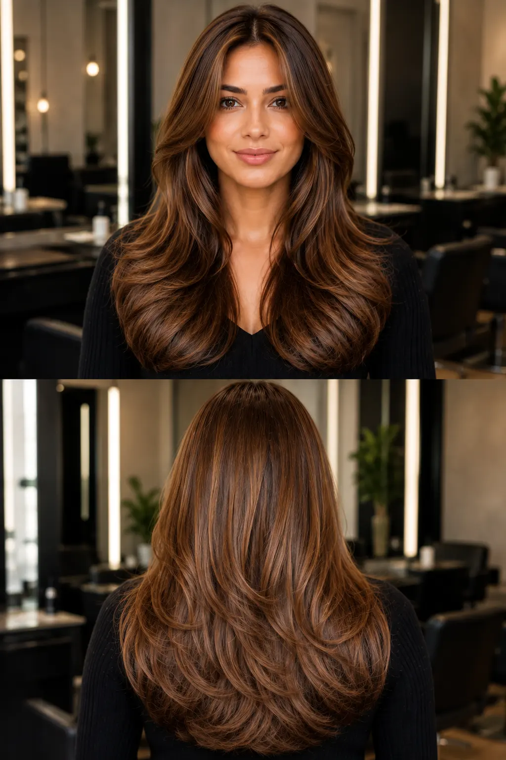 Glossy Toffee hair color with rich warm brown, caramel, and golden highlights shown in front and back views
