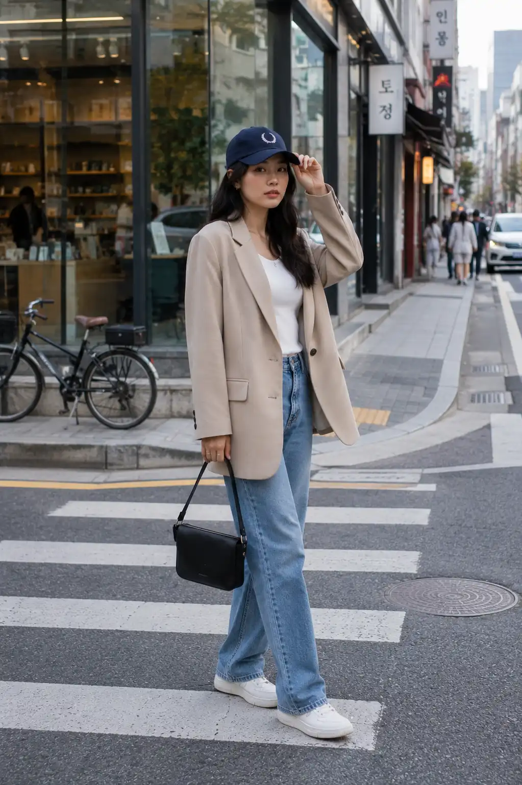 Woman wearing an oversized beige blazer, white top, straight-leg jeans, sneakers, and a navy snapback hat in a Korean-inspired street style outfit
