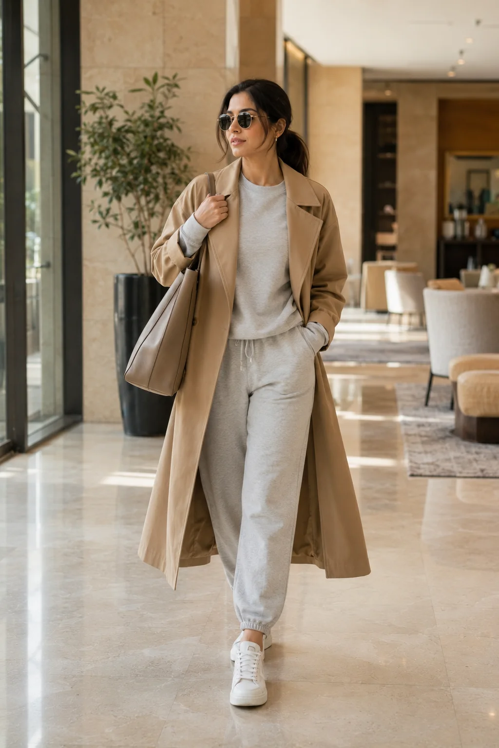 Fashionable Pakistani woman wearing a matching gray sweatshirt and joggers with an oversized camel trench coat, white sneakers, and a structured tote for a comfortable airport look.