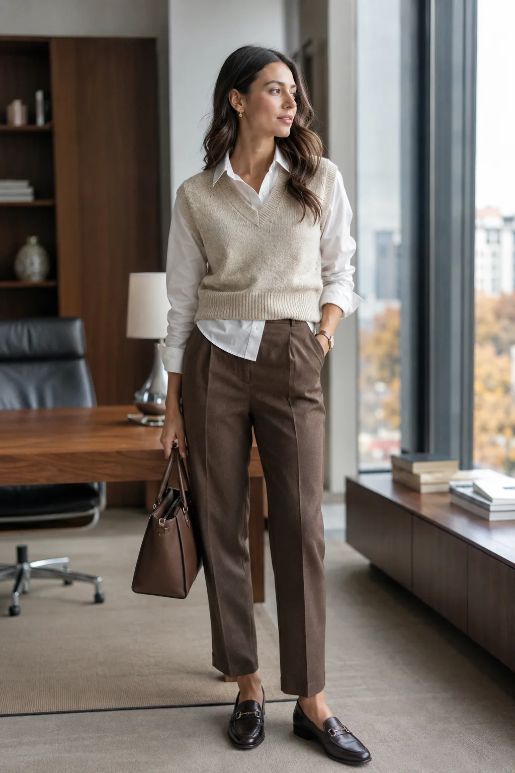 Polished fall office outfit featuring a woman wearing a crisp white button-down shirt layered under a textured cream V-neck sweater vest, tailored brown trousers, dark brown leather loafers, a structured brown handbag, and delicate gold earrings. The sophisticated business casual look is styled in a modern executive office with warm walnut cabinetry, a large window, contemporary furniture, natural daylight, and a refined professional atmosphere.