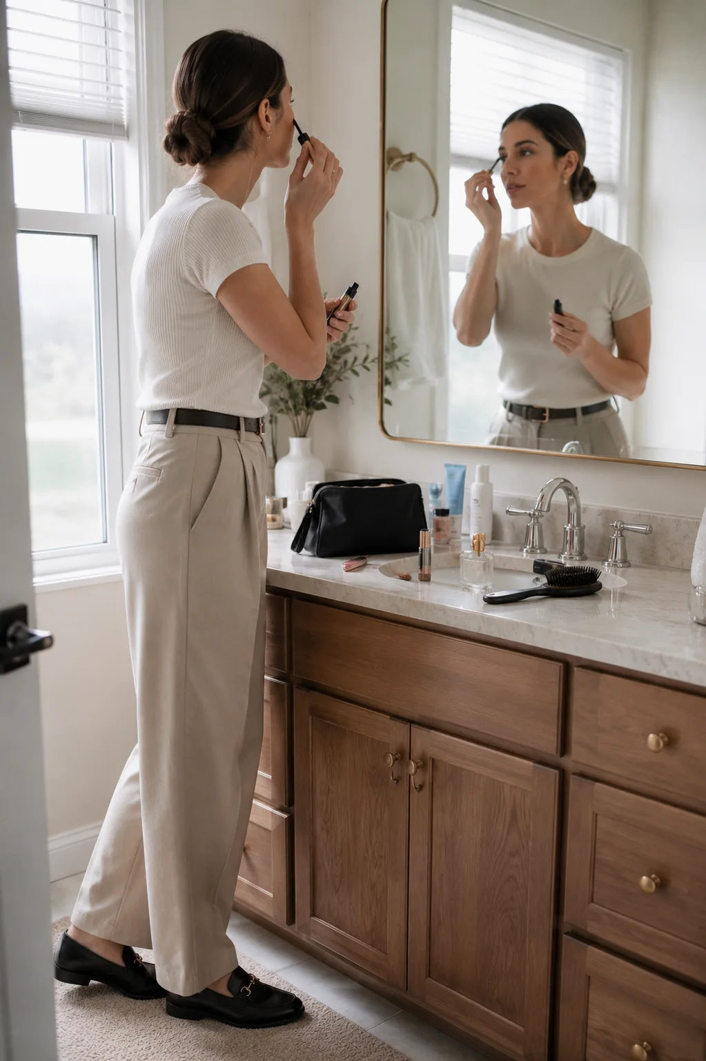 Realistic woman completing a simple everyday skincare and makeup routine in a bright natural bathroom vanity area, wearing a polished neutral outfit while looking into a mirror and applying subtle makeup, with moisturizer, sunscreen, mascara, brow product, lip color, makeup bag, hairbrush, and perfume naturally arranged on the vanity, showing how consistent skincare, grooming, and minimal makeup can create a fresh and polished everyday appearance.