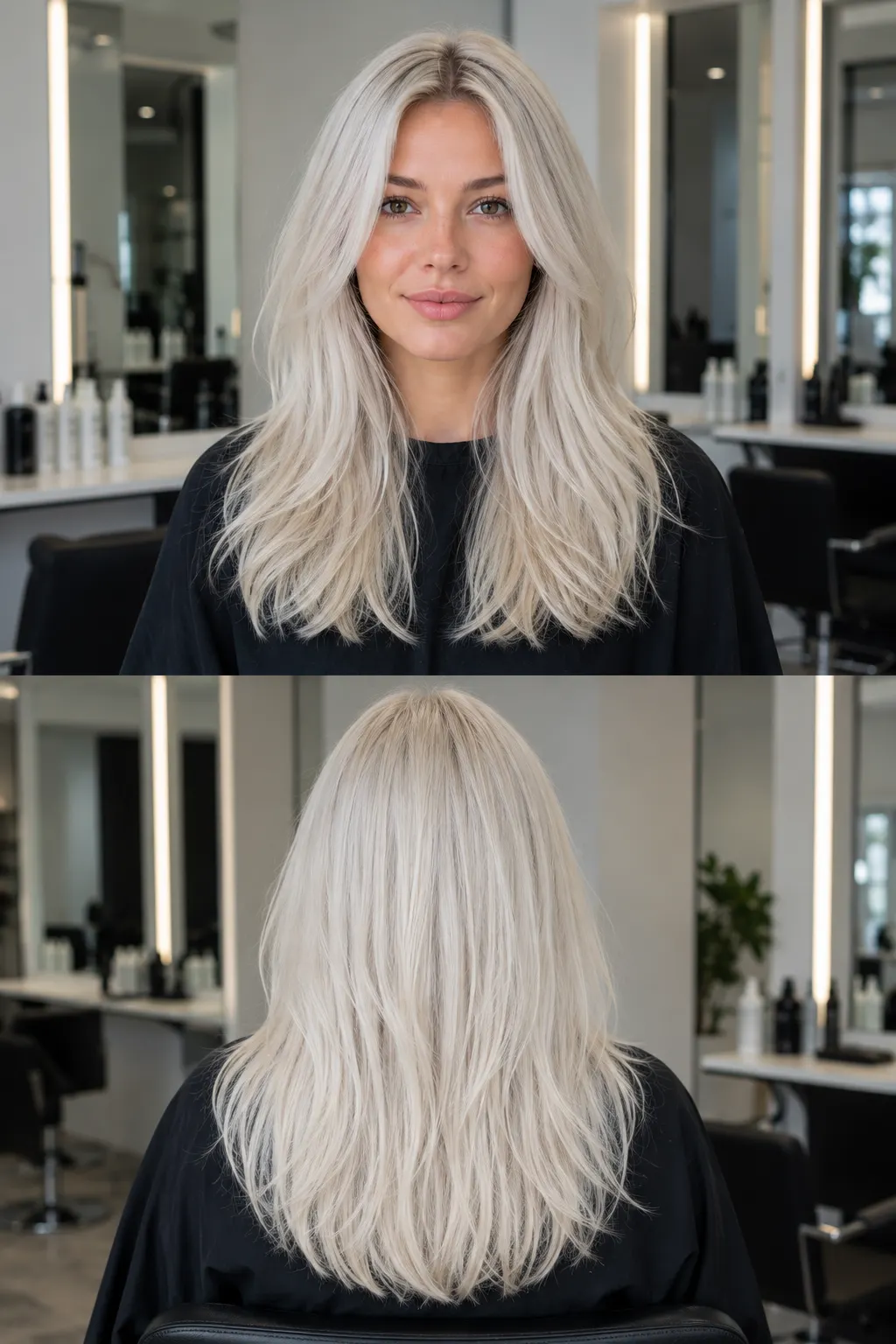 Ethereal Platinum Blonde hair with pale white-platinum and subtle cool silver tones shown in front and back views