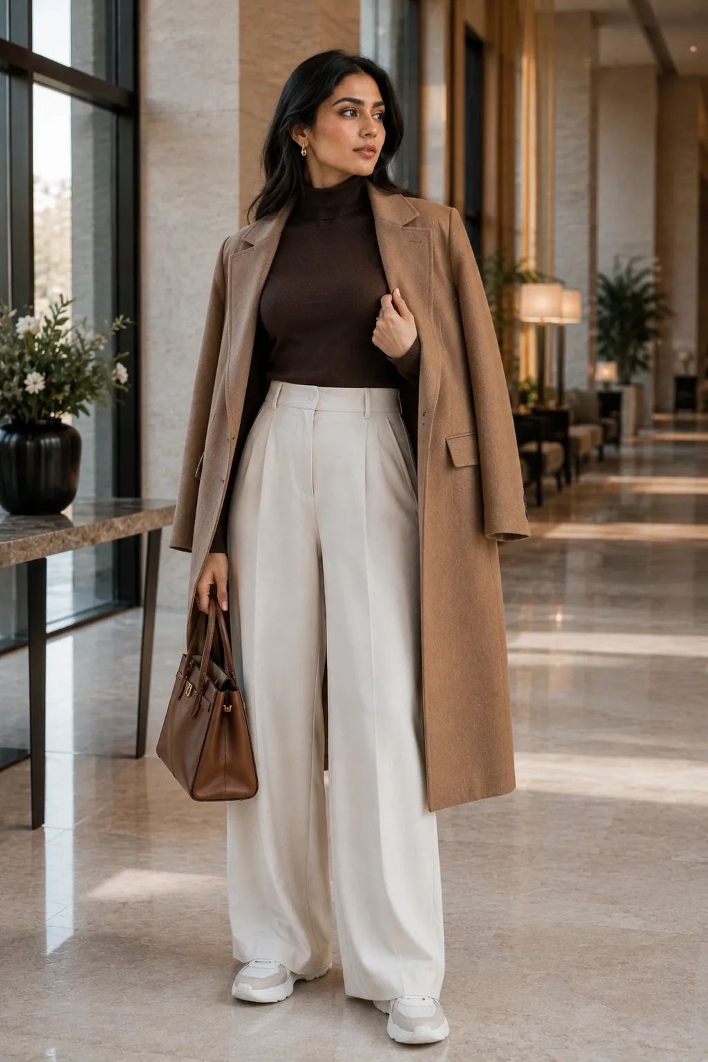 Elegant Pakistani woman wearing a fitted brown turtleneck, cream wide-leg trousers, camel coat, neutral sneakers, and a structured handbag for a sophisticated airport outfit.