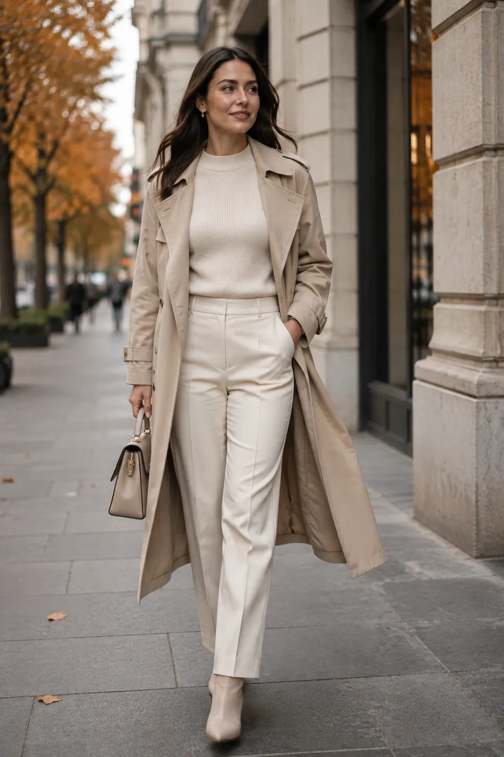 Elegant neutral fall outfit featuring a woman wearing a long beige trench coat over a cream ribbed sweater, tailored ivory trousers, matching neutral ankle boots, and a structured beige handbag. The sophisticated minimalist fall fashion look creates a polished monochromatic outfit with warm neutral tones, photographed on an upscale city sidewalk beside classic stone architecture, autumn trees, and soft natural light.