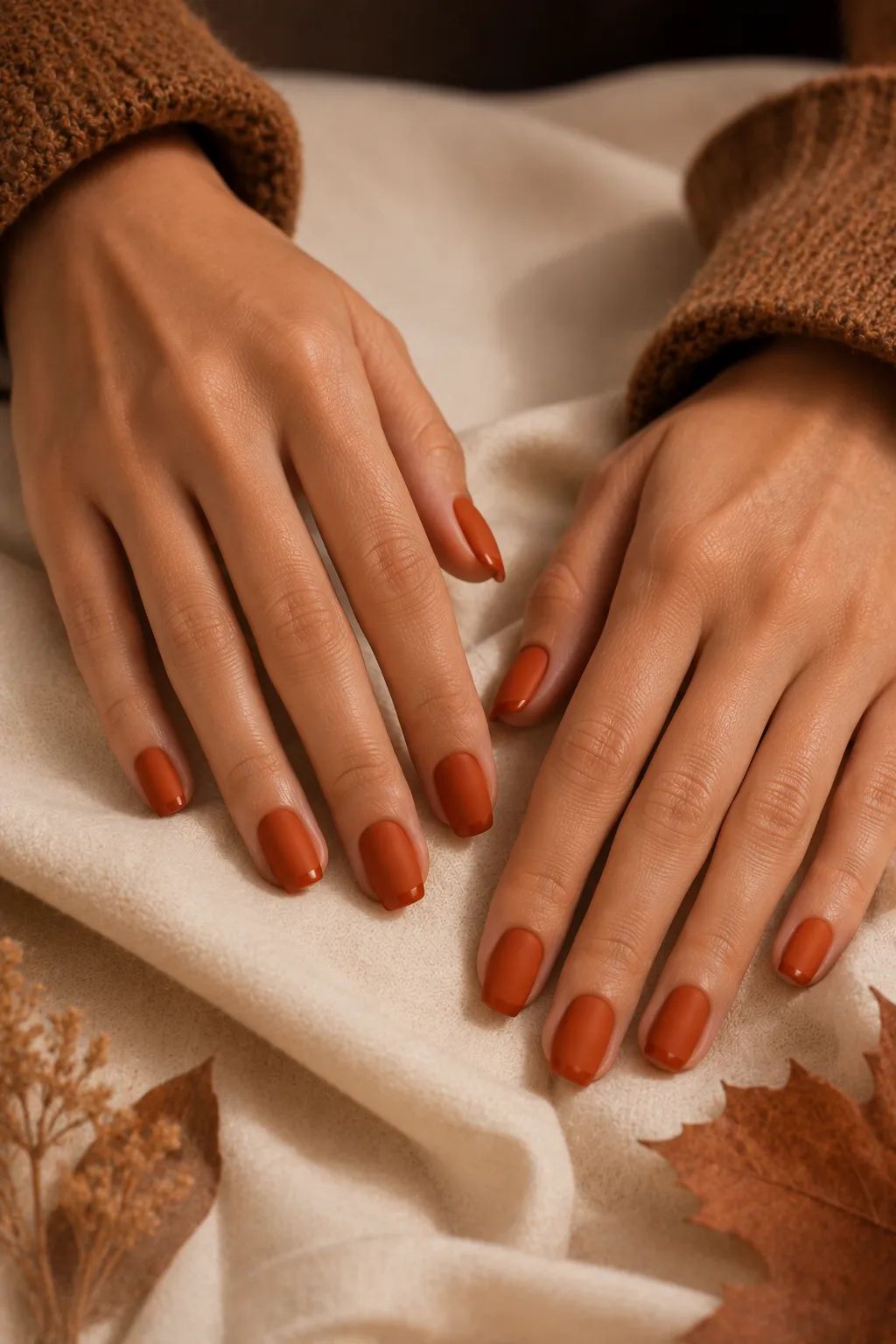 Bold rust orange fall manicure featuring realistic hands with medium-length softly rounded nails coated in a rich burnt rust-orange polish with a sophisticated velvety matte finish, naturally arranged in a graceful butterfly-inspired hand pose over warm cream fabric, showing realistic skin pores, natural cuticles, authentic nail beds, subtle matte texture, professional polish application, warm autumn shadows, and premium beauty magazine photography for rust orange nails, matte fall nail designs, autumn manicure ideas, cozy seasonal nails, and easy DIY nail inspiration.