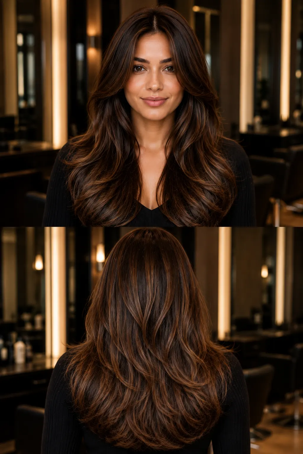 Candlelit Brunette hair color with warm brunette, golden-brown, amber, and soft chestnut reflections shown in front and back views