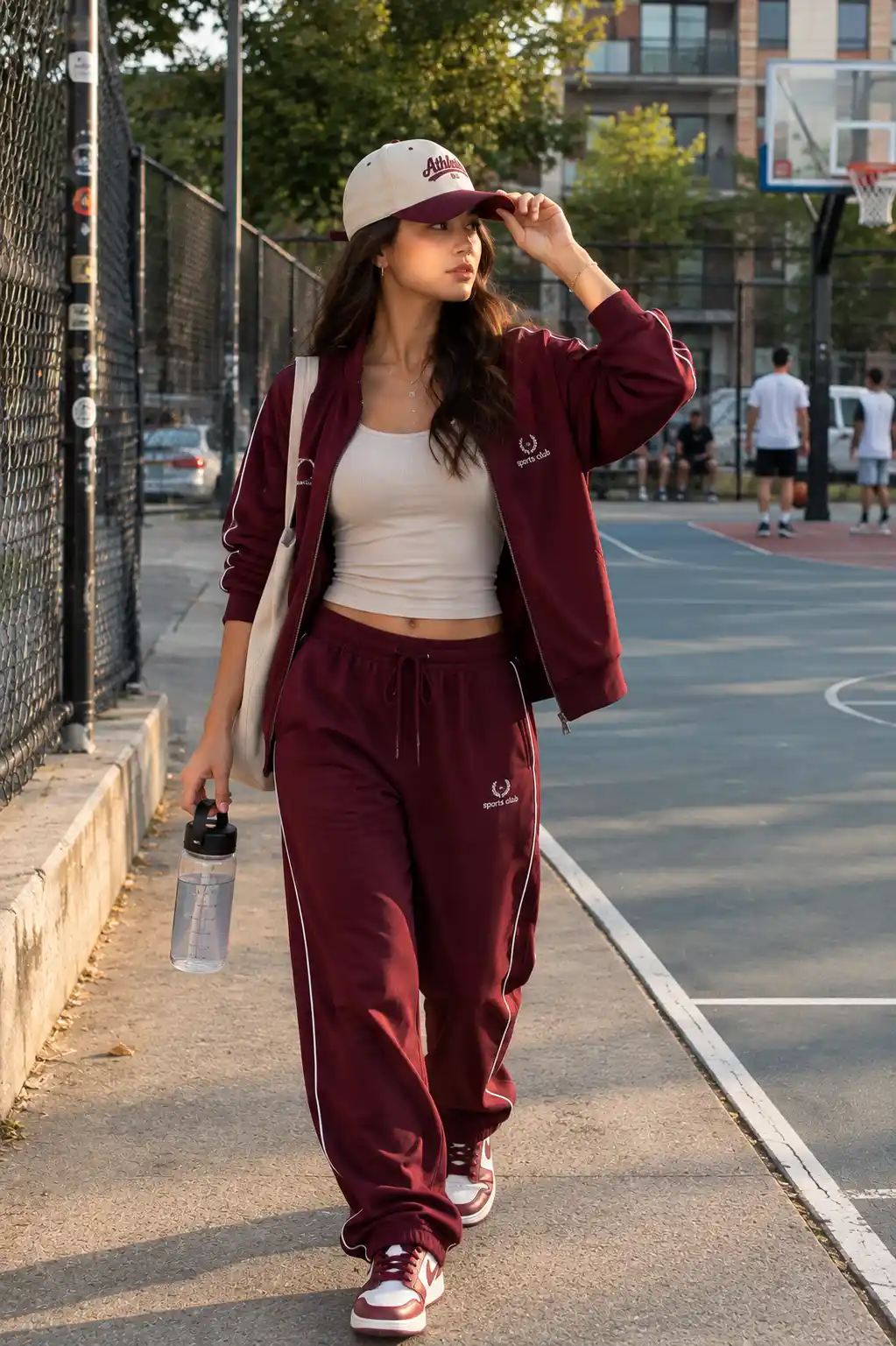 Woman wearing a matching burgundy tracksuit, retro sneakers, and a cream snapback hat in a sporty streetwear outfit
