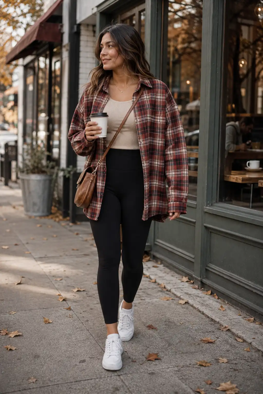 Stylish casual fall outfit featuring a woman wearing an oversized burgundy and cream plaid shacket over a fitted beige tank top, high-waisted black leggings, white leather sneakers, and a brown crossbody bag. The comfortable autumn street style is photographed outside a modern neighborhood cafe with dark green storefront details, large windows, warm interior lighting, autumn leaves, and a relaxed city atmosphere.