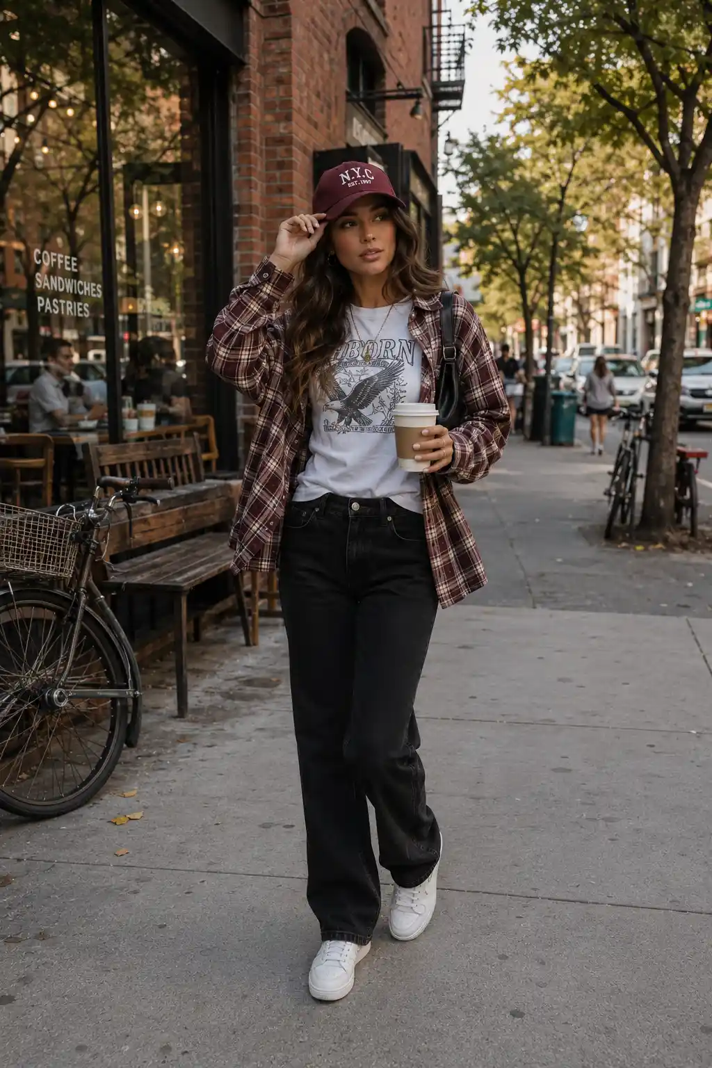 Woman wearing a graphic T-shirt, open plaid shirt, black jeans, white sneakers, and a burgundy snapback hat