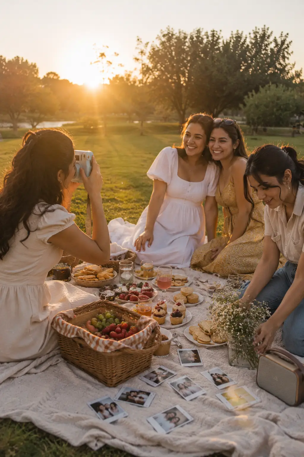 Four female friends enjoying a sunset picnic outdoors with a blanket, basket, snacks, flowers, drinks, and an instant camera while taking Polaroid-style photos together.