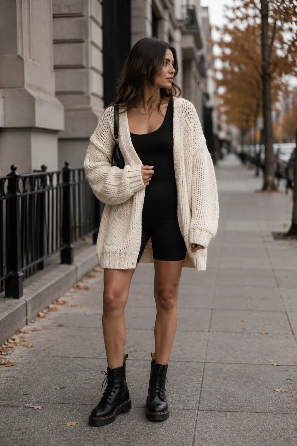 Trendy fall casual outfit featuring a woman wearing a fitted black mini romper layered beneath an oversized chunky cream cable-knit cardigan, paired with black lace-up combat boots and a black shoulder bag. The stylish autumn streetwear look is photographed on an elegant city sidewalk with classic stone architecture, black railings, mature autumn trees, fallen leaves, and soft seasonal daylight.