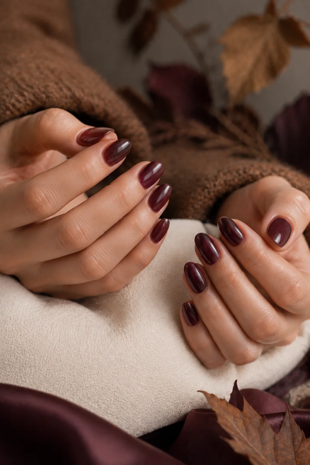 Gorgeous deep plum jelly manicure featuring realistic hands with medium-length rounded almond-shaped nails coated in translucent rich plum jelly polish with a glass-like glossy finish, arranged in a distinctive curled-finger pose around a soft cream cushion with the nails fully visible, showing realistic skin pores, natural cuticles, authentic nail beds, layered translucent polish depth, realistic glossy reflections, warm cream and muted plum autumn surroundings, and premium beauty magazine photography for deep plum nails, jelly nails, glossy fall nail designs, autumn manicure ideas, and trendy DIY nail inspiration.