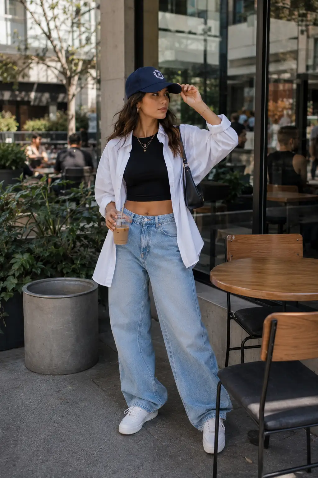 Woman wearing a white oversized button-up shirt over a crop top, wide-leg jeans, white sneakers, and a navy snapback hat