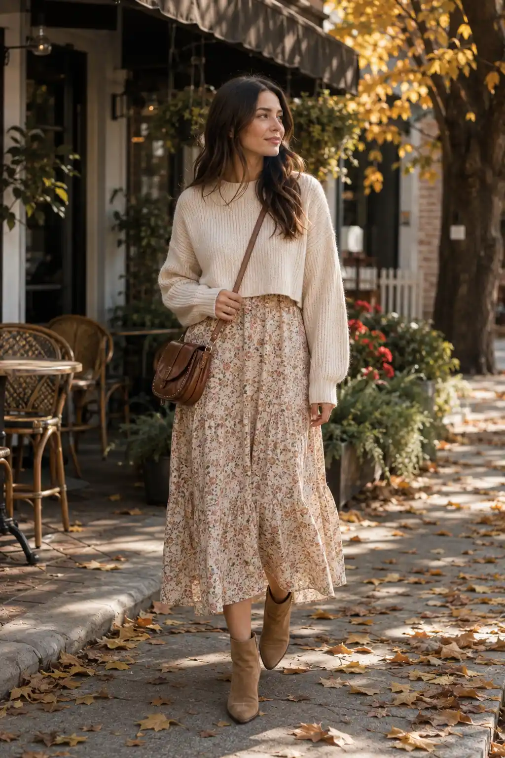 Feminine fall outfit featuring a woman wearing a cropped cream ribbed sweater paired with a flowing floral midi skirt in warm beige and muted brown tones, a small brown leather crossbody bag, and brown suede ankle boots. The romantic autumn look is photographed along a charming cafe-lined neighborhood street surrounded by golden trees, outdoor seating, lush plants, fallen leaves, and warm afternoon sunlight.