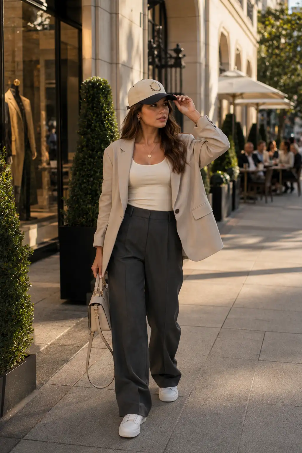 Woman wearing a beige blazer, cream tank top, tailored wide-leg trousers, white sneakers, and a premium cream and black snapback hat