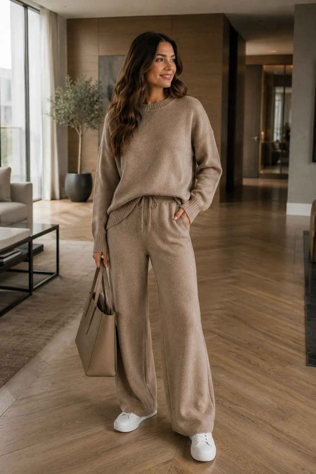 Relaxed neutral fall outfit featuring a woman wearing a soft taupe oversized knit sweater with matching wide-leg knit pants, clean white leather sneakers, and a large structured beige tote bag. The comfortable monochromatic autumn outfit creates an effortlessly polished casual look, photographed inside a spacious contemporary home with warm wood flooring, modern furniture, large windows, and soft natural daylight.