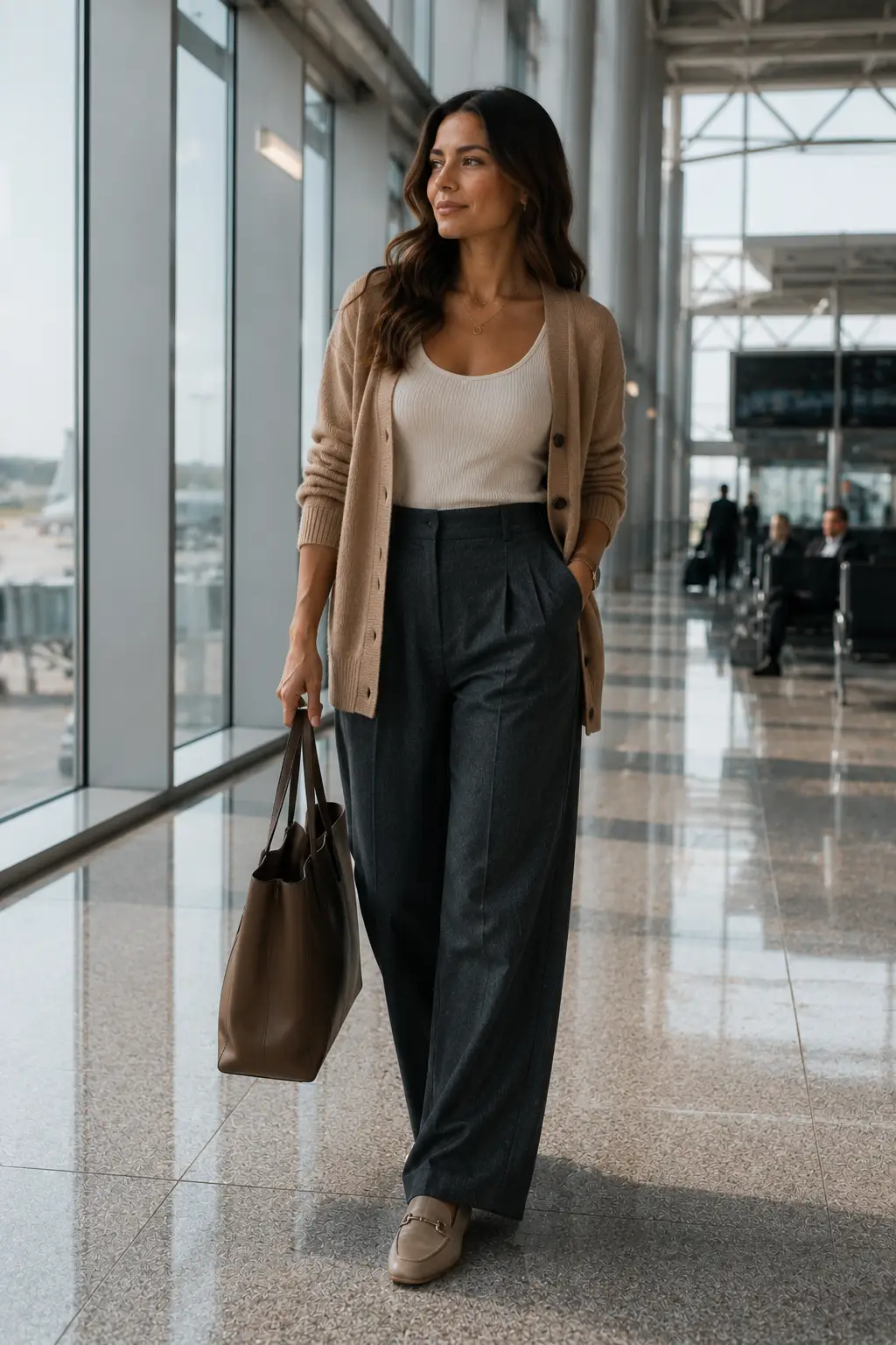 Polished travel and fall work outfit featuring a woman wearing a long camel cardigan over a fitted cream ribbed tank top, high-waisted charcoal wide-leg trousers, neutral leather loafers, a large brown leather tote bag, and delicate gold jewelry. The sophisticated comfortable outfit is photographed inside a bright modern airport terminal with expansive glass windows, polished flooring, architectural columns, and natural daylight.