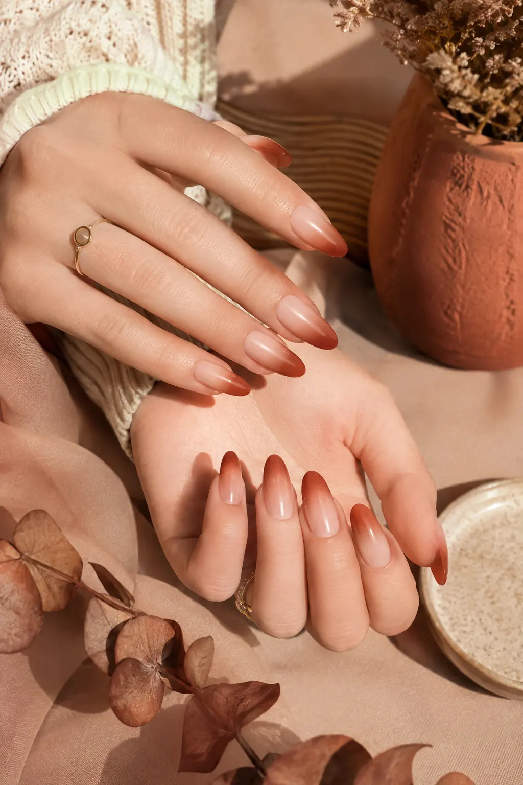 Sophisticated terracotta ombre fall manicure featuring realistic hands with medium-to-long almond-shaped nails transitioning seamlessly from a translucent nude base into warm burnt terracotta tips, photographed in a stylish diagonal hand pose with soft autumn lighting, realistic skin pores, natural cuticles, detailed nail beds, smooth blended color, and professional salon-quality finish for terracotta ombre nails, easy fall nail designs, autumn nail ideas, and trendy DIY manicure inspiration.