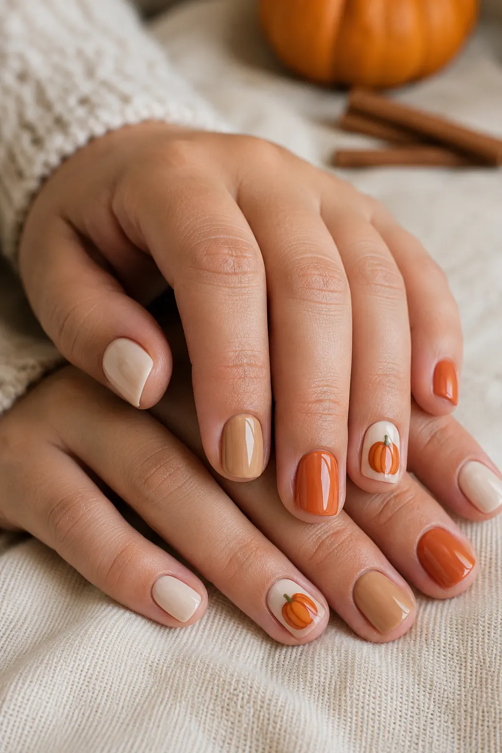 Short pumpkin spice nails in warm cream, caramel, and orange with a delicate hand-painted mini pumpkin accent nail and green stem.