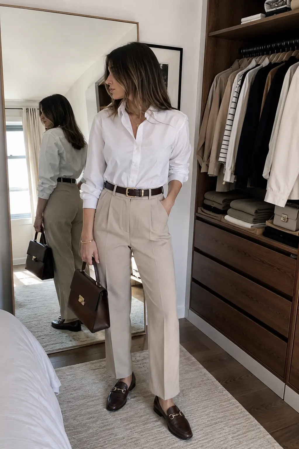 Stylish woman standing in front of a full-length mirror wearing a perfectly fitted white button-down shirt, high-waisted straight-leg tailored trousers, leather belt, polished loafers, and structured handbag, with realistic clothing proportions and natural fabric draping clearly visible, demonstrating how proper fit, tailoring, and balanced proportions can make a simple everyday outfit look refined and expensive.