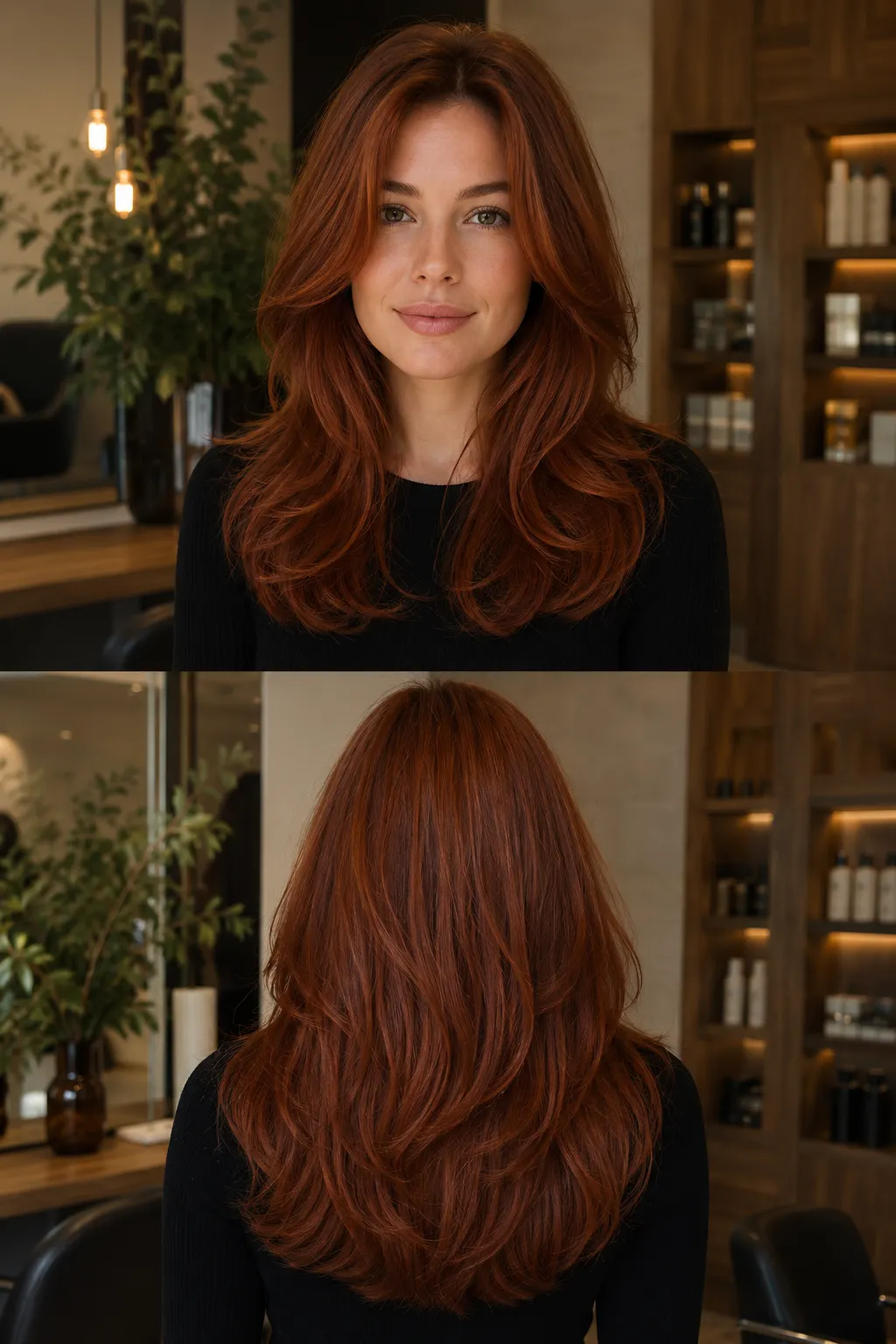 Auburn Spice hair color with rich warm auburn and cinnamon tones shown in front and back views