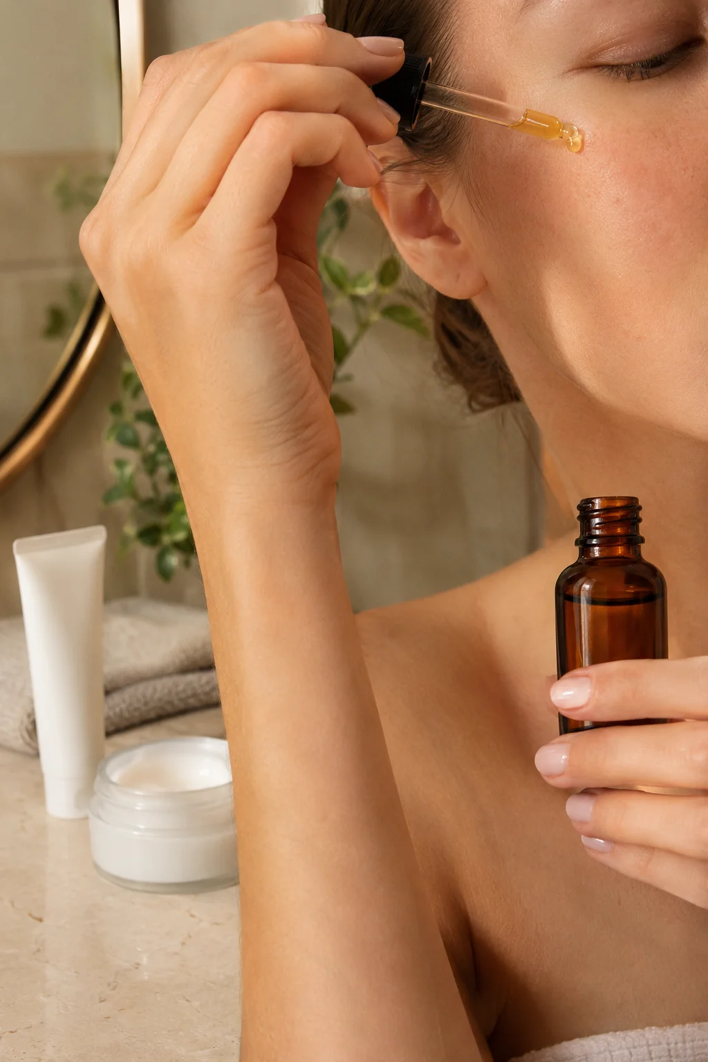 Woman applying antioxidant serum during a glowing morning skincare routine with moisturizer and sunscreen