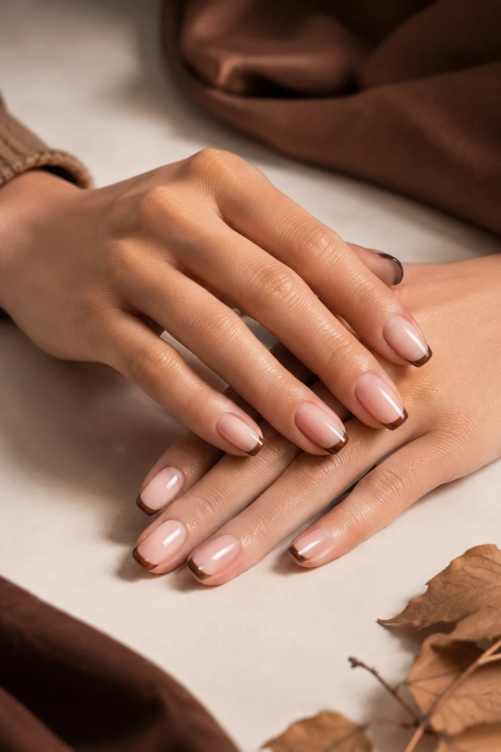 Elegant brown French tip fall manicure featuring realistic hands with softly squoval nails, sheer nude-pink bases, and precise thin chocolate-brown French tips following the natural curve of each nail, displayed in a refined layered hand pose with realistic skin texture, authentic cuticles, natural finger proportions, delicate polish shine, warm cream surroundings, and sophisticated beauty editorial styling for brown French tip nails, easy fall manicure ideas, autumn nail designs, and chic DIY nail inspiration.