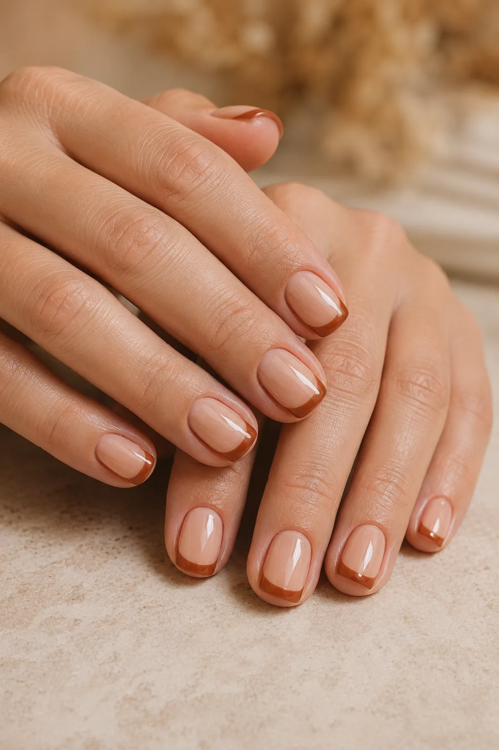 Short rounded nails with a warm nude base and elegant cinnamon-toned French tips in a sophisticated pumpkin spice fall manicure.