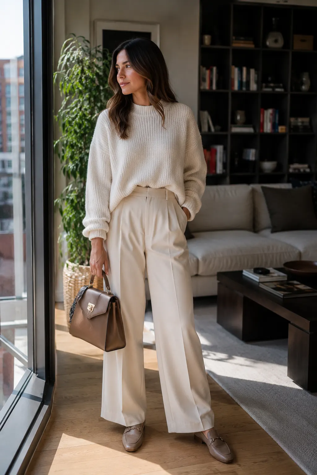 Stylish woman standing naturally in a bright modern apartment wearing a relaxed oversized cream knit sweater balanced with structured high-waisted wide-leg trousers, polished loafers, and a structured leather handbag, surrounded by realistic furniture and natural window light, showing how combining relaxed and tailored pieces creates a comfortable yet sophisticated and put-together outfit.