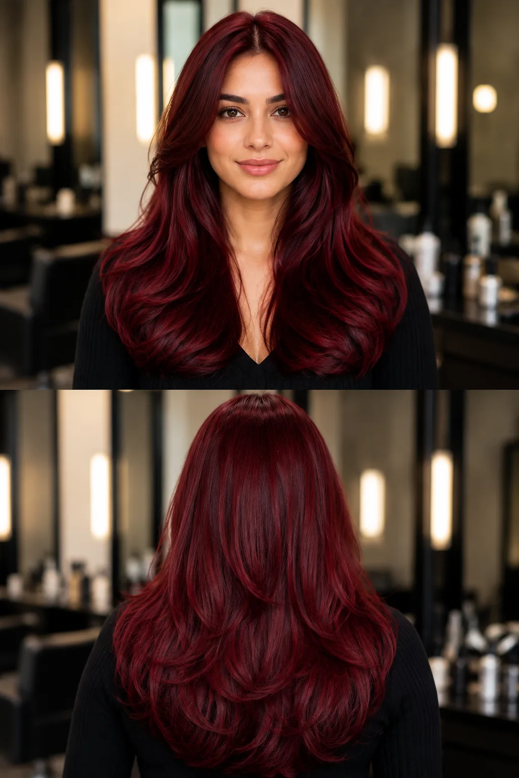 Cherry red hair color with rich saturated crimson and burgundy tones shown in front and back views