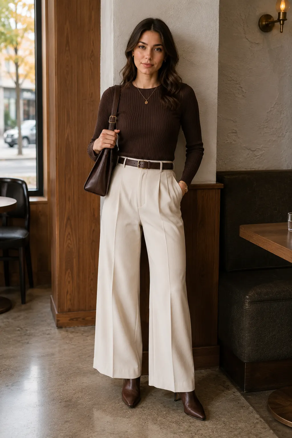 Sophisticated fall work outfit featuring a woman in a fitted chocolate brown ribbed sweater paired with high-waisted ivory wide-leg trousers, a coordinating brown leather belt, pointed brown ankle boots, a structured brown shoulder bag, and subtle gold jewelry. The polished business casual outfit is styled inside a warm modern cafe with rich wood paneling, textured walls, dark seating, and soft ambient lighting.