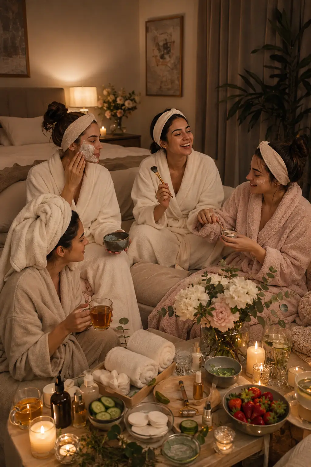 Four female friends enjoying an at-home spa night in robes with face masks, skincare products, candles, towels, cucumber slices, and relaxing drinks in a cozy home setting.