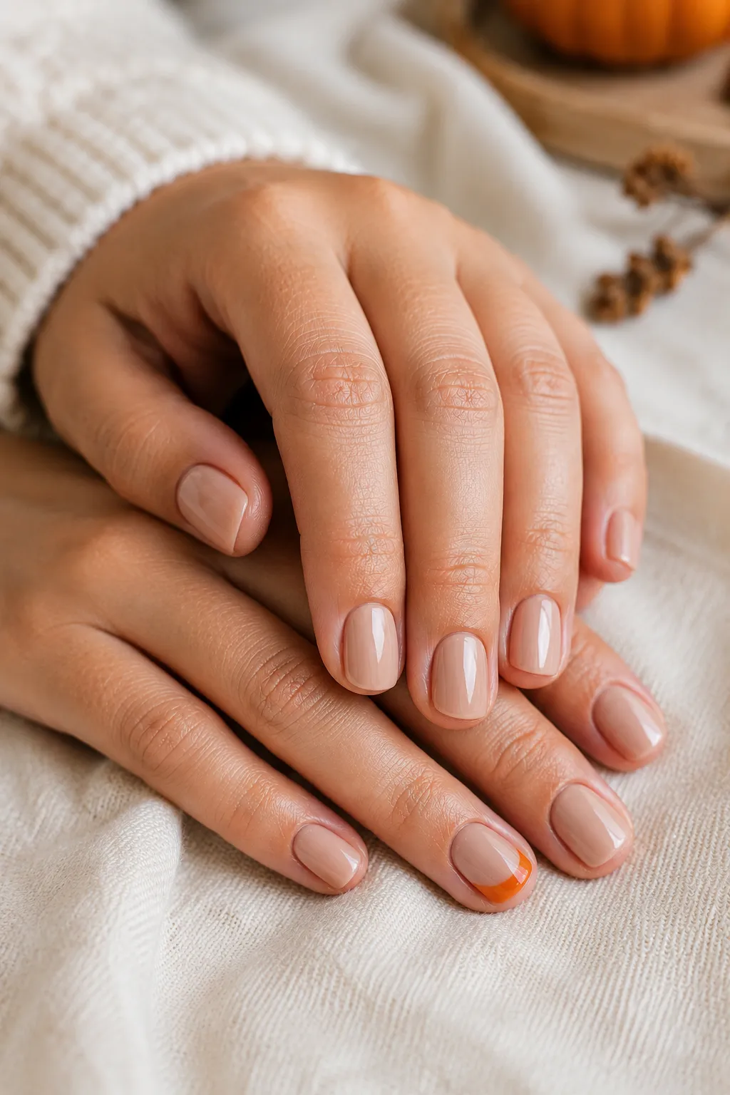Short warm nude manicure featuring a single pumpkin orange accent French tip for a simple and minimalist fall nail design.
