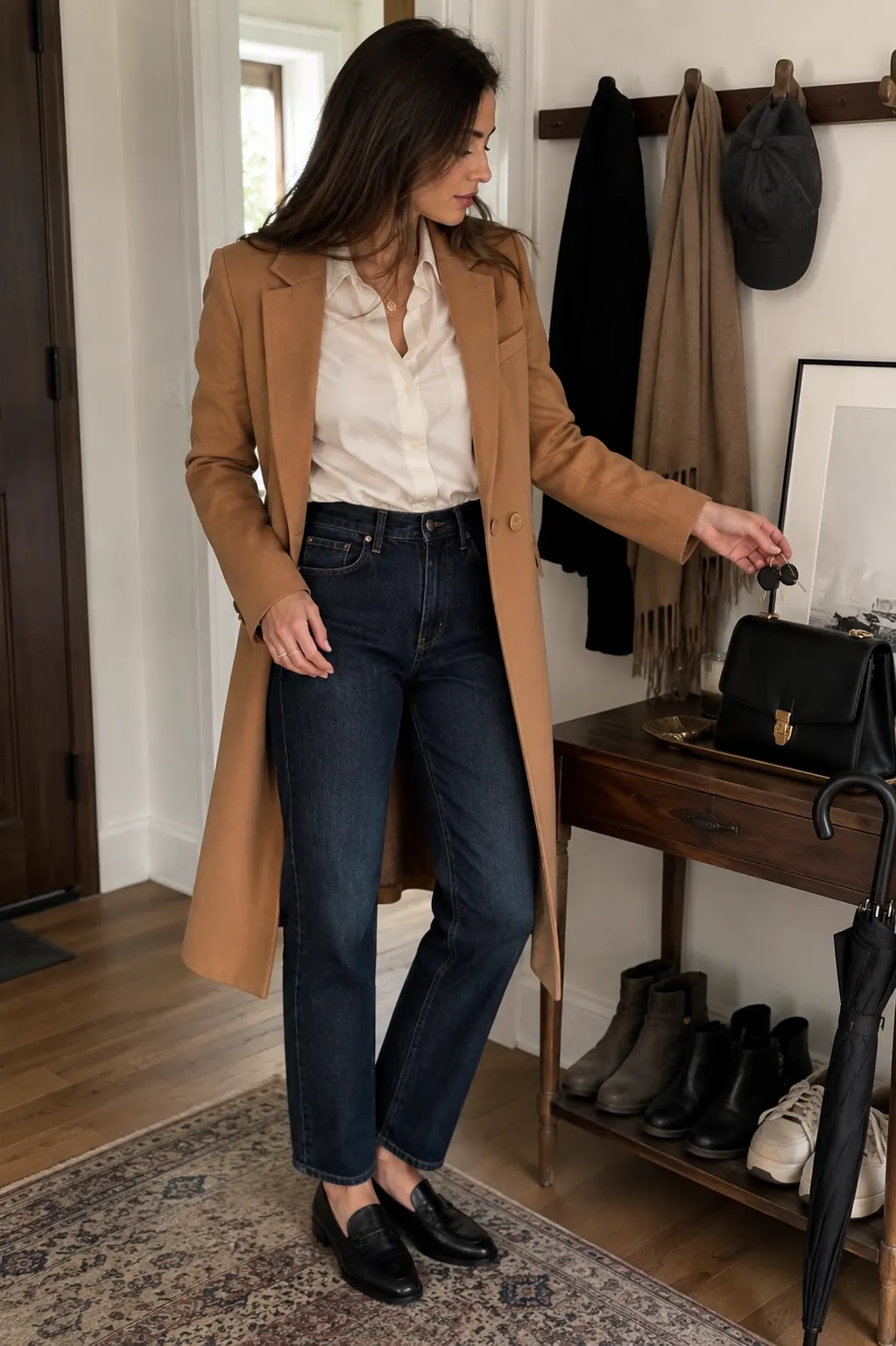 Stylish woman standing at the entrance of a realistic modern apartment wearing straight-leg dark denim, a crisp neutral blouse, camel coat, structured handbag, and clean polished leather loafers, with the shoes clearly visible against the floor, demonstrating how well-maintained, clean, and versatile footwear can instantly make an everyday outfit look more finished and polished.
