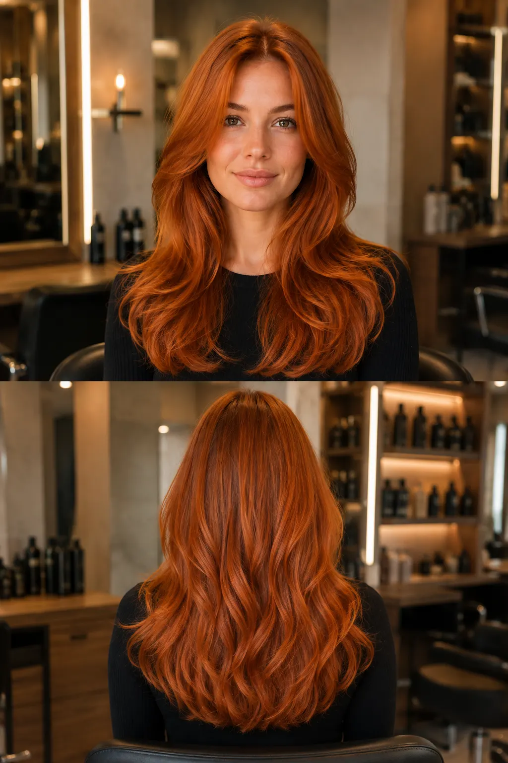 Copper Pumpkin hair color with vibrant orange copper, amber, and warm golden-red dimension shown in front and back views