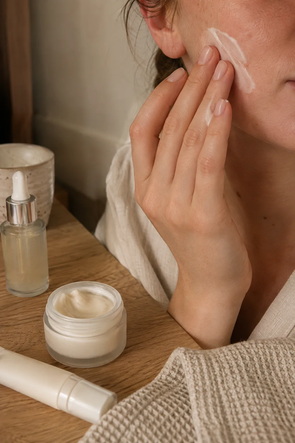 Woman applying rich moisturizer during a hydrating skincare routine for dry and dehydrated skin