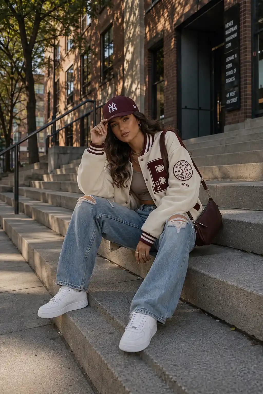 Woman wearing an oversized varsity jacket, ripped jeans, white sneakers, and a burgundy snapback hat in a sporty streetwear look