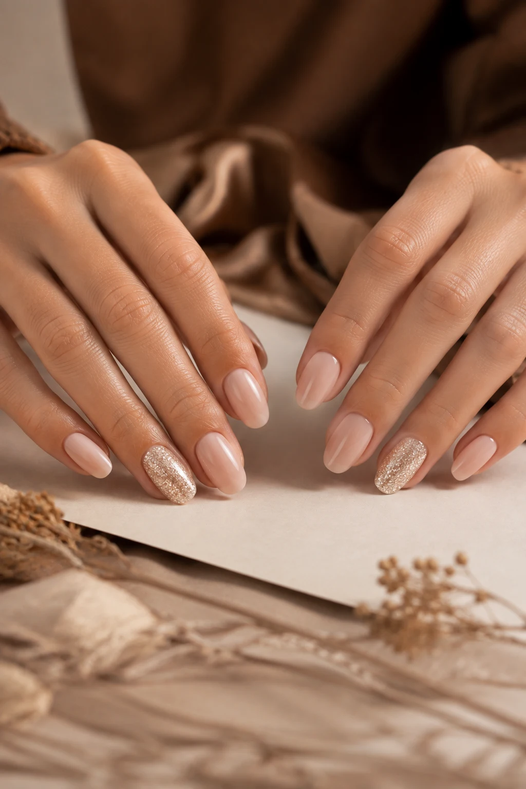 Soft nude fall manicure featuring realistic hands with medium-length rounded nails coated in a creamy neutral nude polish and one refined accent finger covered in fine champagne-gold glitter, arranged in an elegant fingertip-touching pose with realistic skin texture, natural cuticles, authentic nail anatomy, subtle glitter reflections, smooth glossy polish, warm ivory and bronze autumn surroundings, and luxury beauty editorial photography for nude glitter nails, easy fall nail designs, elegant autumn manicure ideas, and chic DIY nail inspiration.